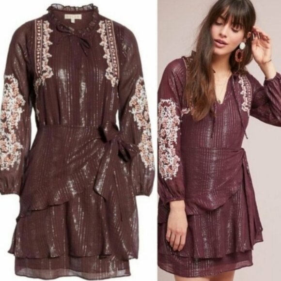 Anthropologie DOLAN Amber Embroidered Dress Dolan Metallic Silver Thread XS - Picture 1 of 9
